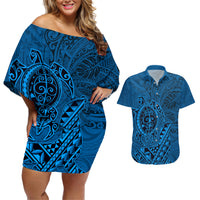 Hawaii Monk Seal and Dolphin Couples Matching Off Shoulder Short Dress and Hawaiian Shirt Polynesian Kakau Pattern Blue