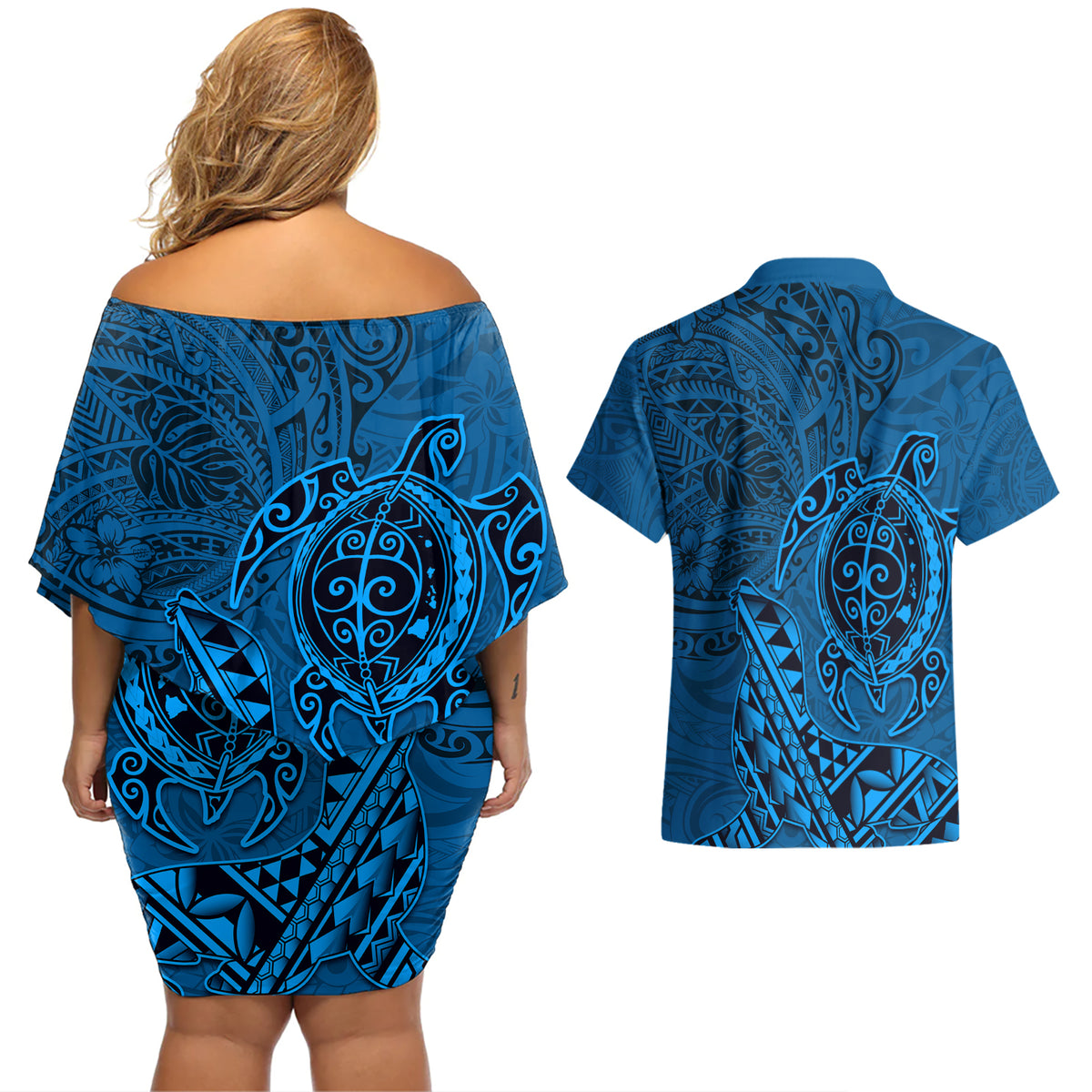 Hawaii Monk Seal and Dolphin Couples Matching Off Shoulder Short Dress and Hawaiian Shirt Polynesian Kakau Pattern Blue