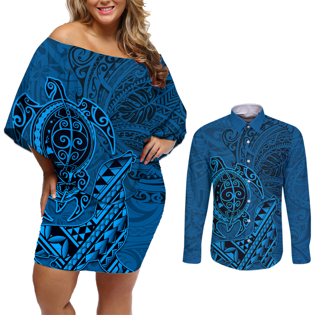 Hawaii Monk Seal and Dolphin Couples Matching Off Shoulder Short Dress and Long Sleeve Button Shirt Polynesian Kakau Pattern Blue