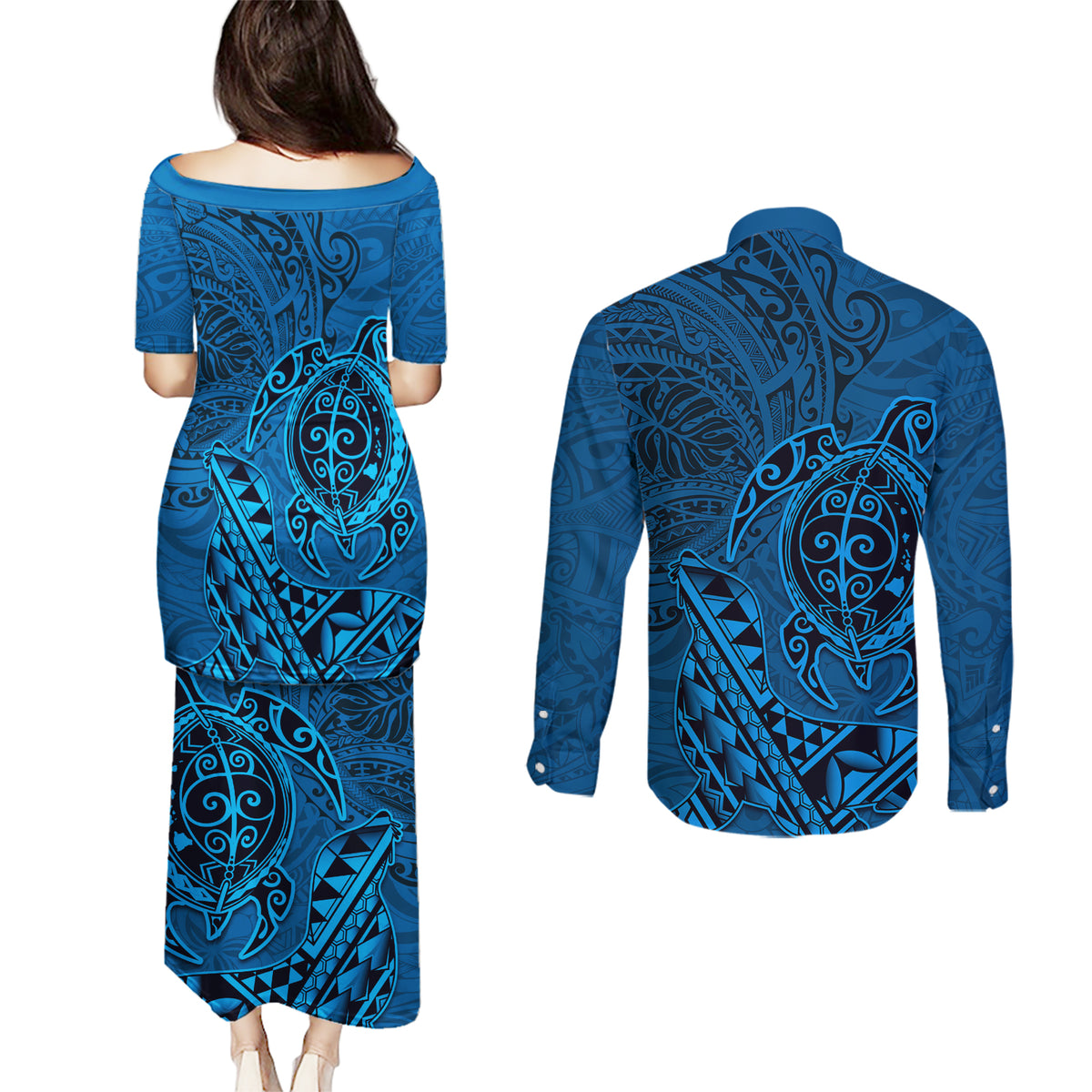 Hawaii Monk Seal and Dolphin Couples Matching Puletasi and Long Sleeve Button Shirt Polynesian Kakau Pattern Blue