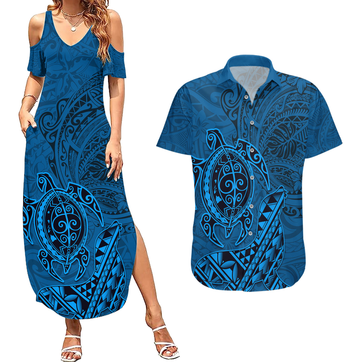 Hawaii Monk Seal and Dolphin Couples Matching Summer Maxi Dress and Hawaiian Shirt Polynesian Kakau Pattern Blue