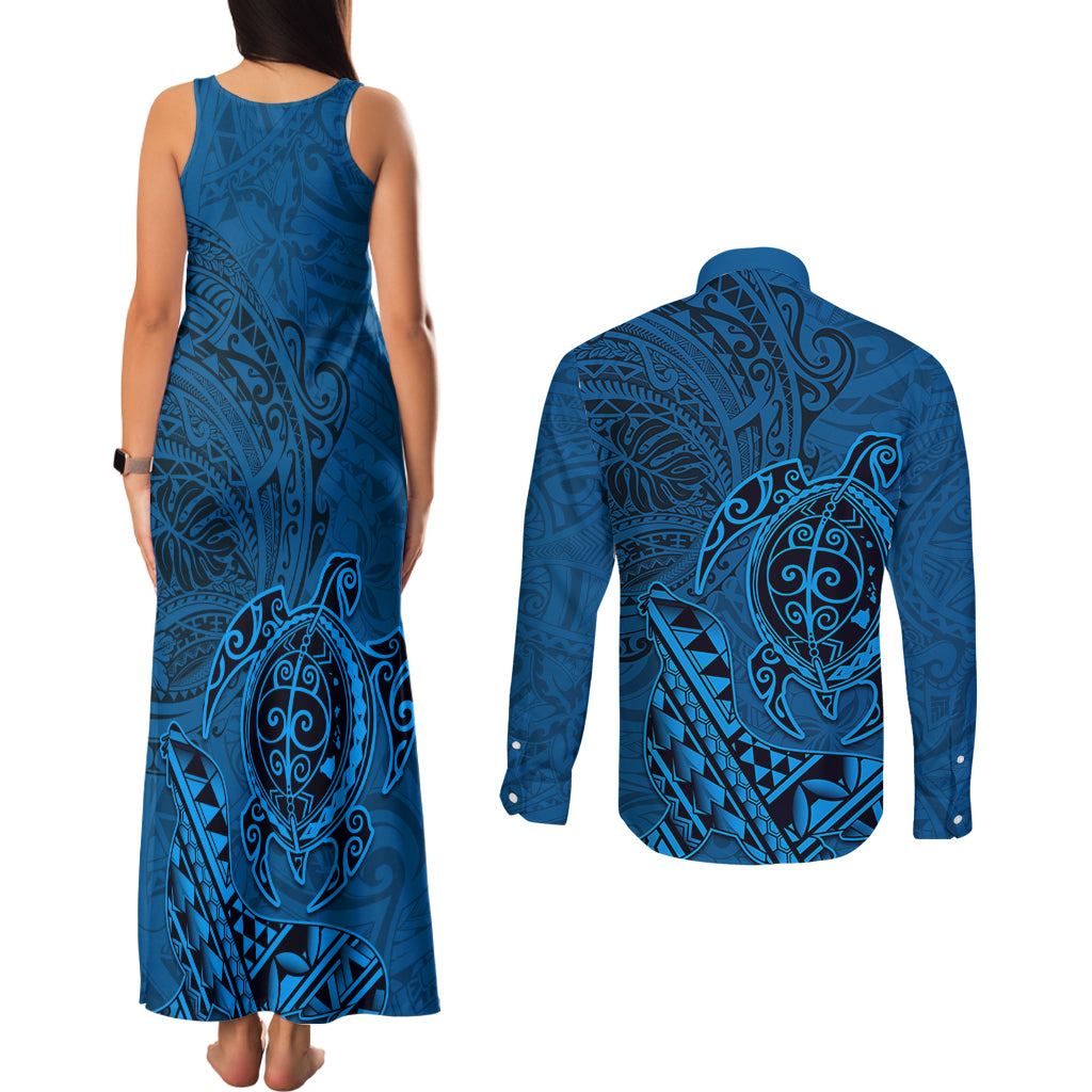 Hawaii Monk Seal and Dolphin Couples Matching Tank Maxi Dress and Long Sleeve Button Shirt Polynesian Kakau Pattern Blue