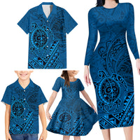 Hawaii Monk Seal and Dolphin Family Matching Long Sleeve Bodycon Dress and Hawaiian Shirt Polynesian Kakau Pattern Blue LT03 - Polynesian Pride