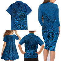 Hawaii Monk Seal and Dolphin Family Matching Long Sleeve Bodycon Dress and Hawaiian Shirt Polynesian Kakau Pattern Blue LT03 - Polynesian Pride