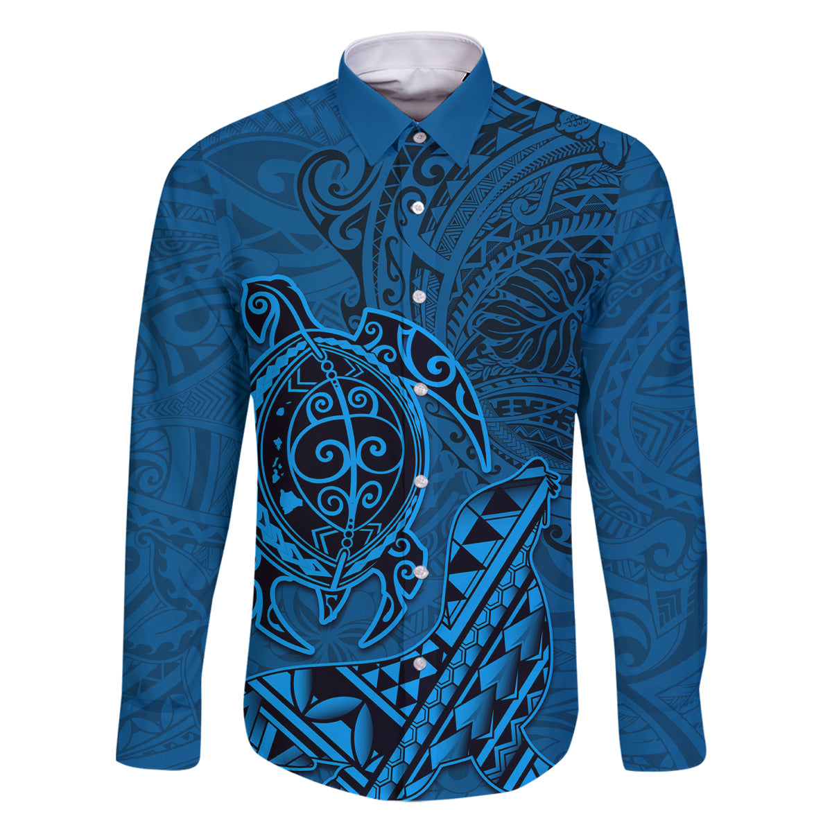 Hawaii Monk Seal and Dolphin Family Matching Long Sleeve Bodycon Dress and Hawaiian Shirt Polynesian Kakau Pattern Blue LT03 Dad's Shirt - Long Sleeve Blue - Polynesian Pride