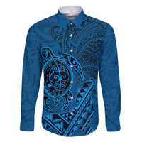 Hawaii Monk Seal and Dolphin Family Matching Long Sleeve Bodycon Dress and Hawaiian Shirt Polynesian Kakau Pattern Blue LT03 Dad's Shirt - Long Sleeve Blue - Polynesian Pride