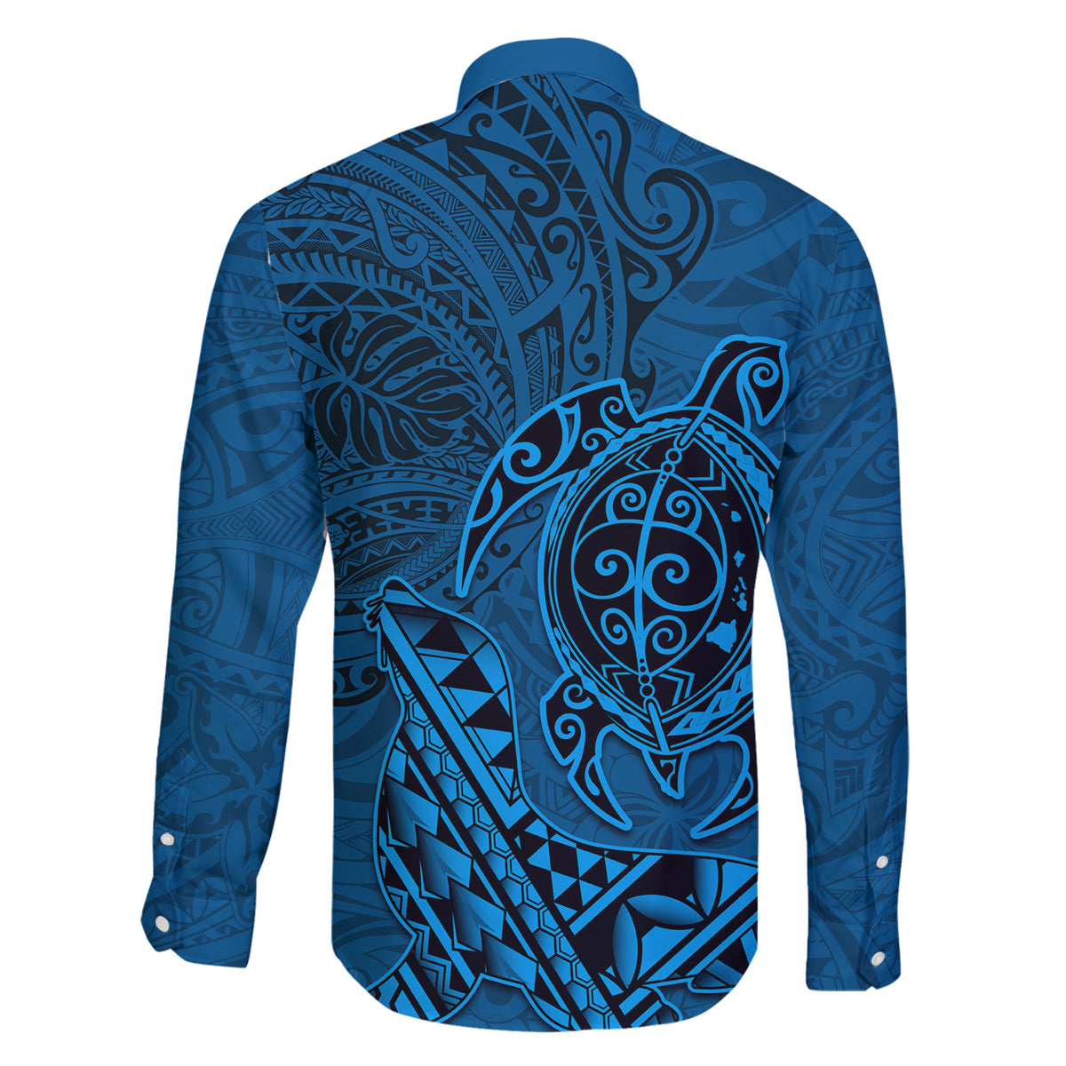 Hawaii Monk Seal and Dolphin Family Matching Long Sleeve Bodycon Dress and Hawaiian Shirt Polynesian Kakau Pattern Blue LT03 - Polynesian Pride