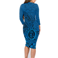 Hawaii Monk Seal and Dolphin Family Matching Long Sleeve Bodycon Dress and Hawaiian Shirt Polynesian Kakau Pattern Blue LT03 - Polynesian Pride