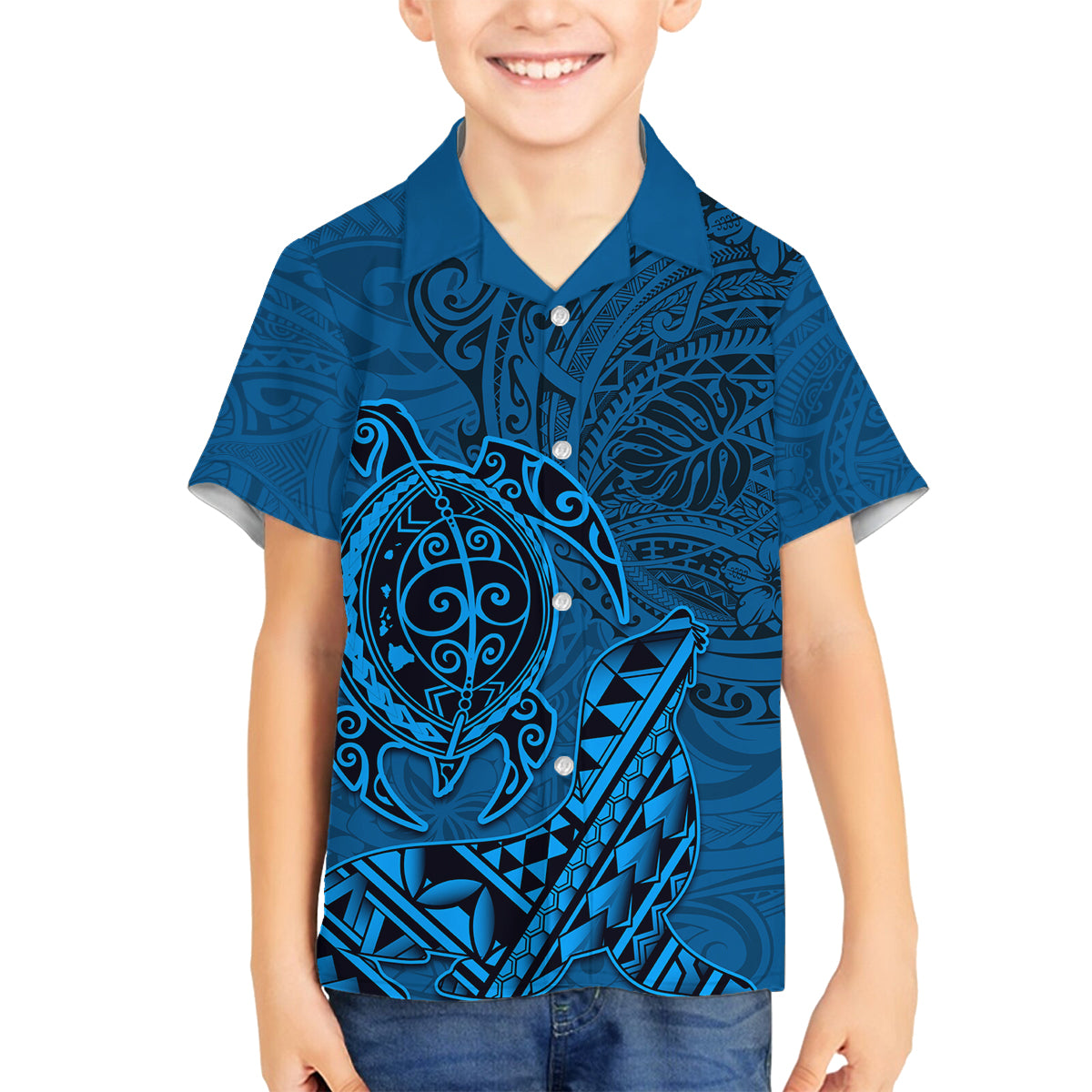 Hawaii Monk Seal and Dolphin Family Matching Long Sleeve Bodycon Dress and Hawaiian Shirt Polynesian Kakau Pattern Blue LT03 Son's Shirt Blue - Polynesian Pride
