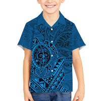 Hawaii Monk Seal and Dolphin Family Matching Long Sleeve Bodycon Dress and Hawaiian Shirt Polynesian Kakau Pattern Blue LT03 Son's Shirt Blue - Polynesian Pride