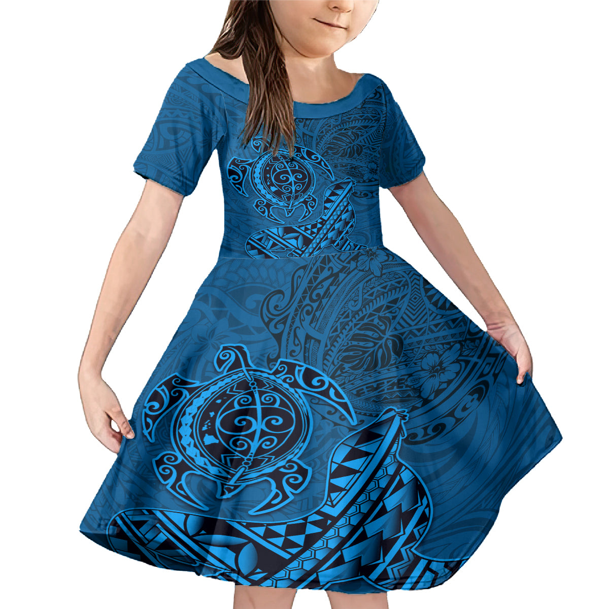 Hawaii Monk Seal and Dolphin Family Matching Mermaid Dress and Hawaiian Shirt Polynesian Kakau Pattern Blue