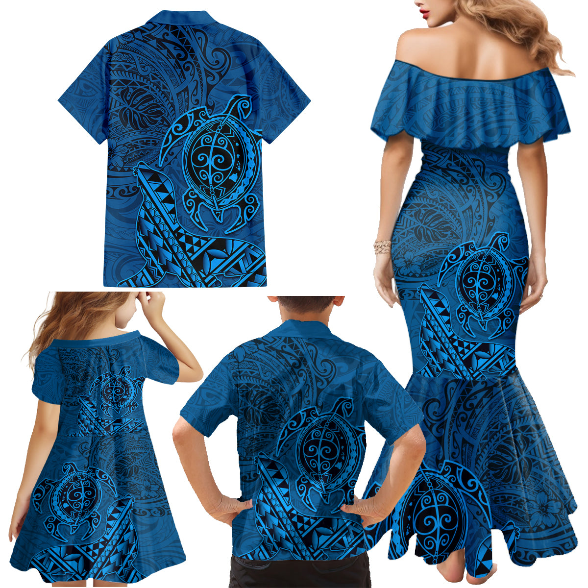 Hawaii Monk Seal and Dolphin Family Matching Mermaid Dress and Hawaiian Shirt Polynesian Kakau Pattern Blue