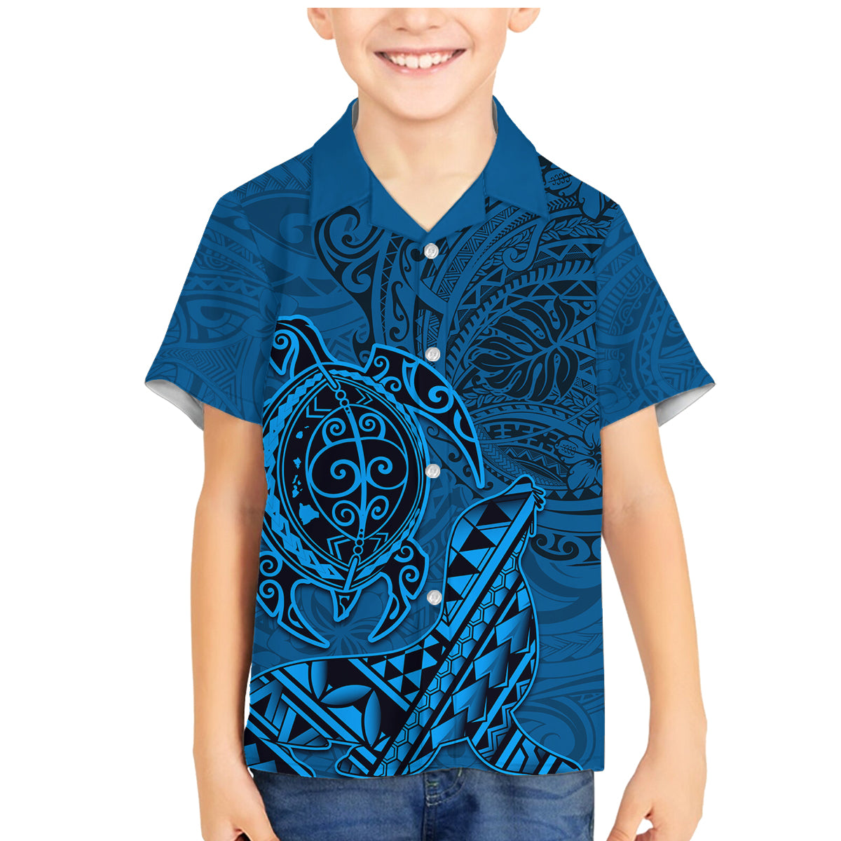 Hawaii Monk Seal and Dolphin Family Matching Mermaid Dress and Hawaiian Shirt Polynesian Kakau Pattern Blue