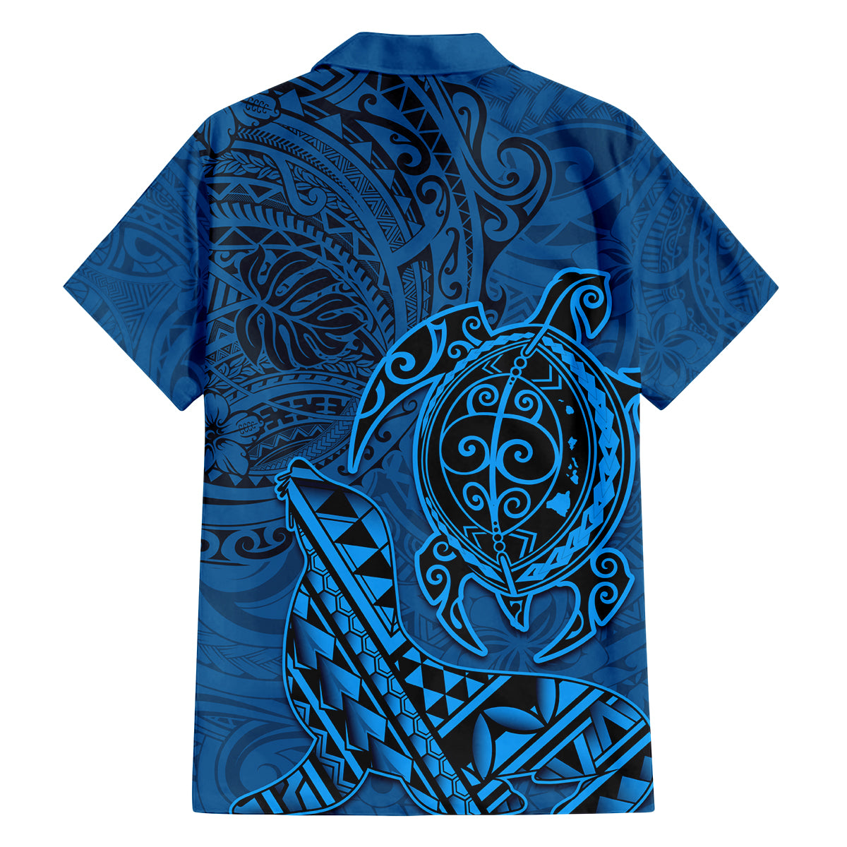Hawaii Monk Seal and Dolphin Family Matching Off Shoulder Short Dress and Hawaiian Shirt Polynesian Kakau Pattern Blue