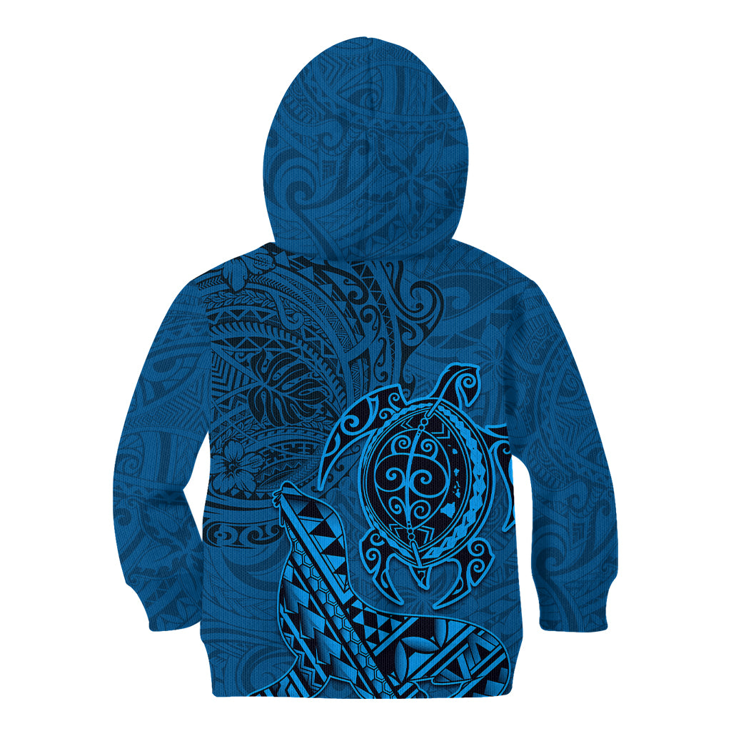 Hawaii Monk Seal and Dolphin Kid Hoodie Polynesian Kakau Pattern Blue