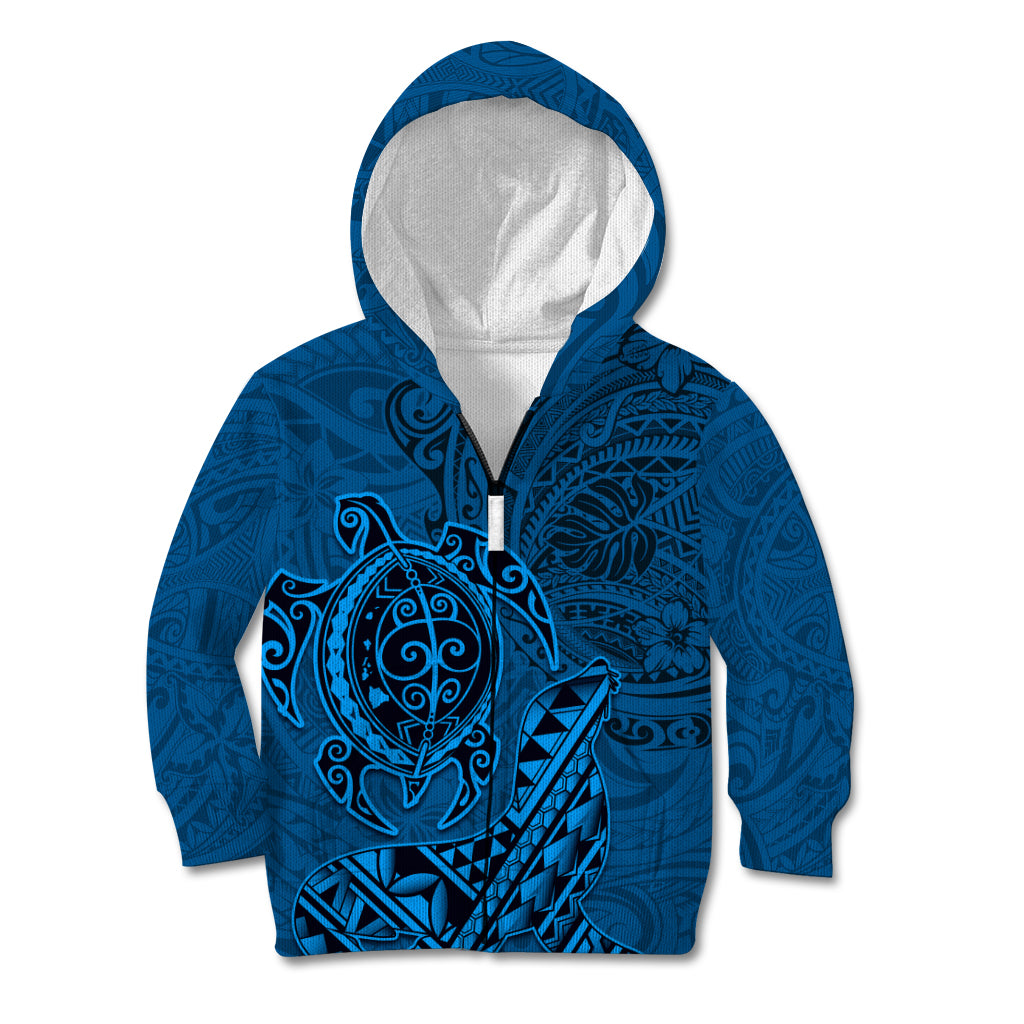 Hawaii Monk Seal and Dolphin Kid Hoodie Polynesian Kakau Pattern Blue