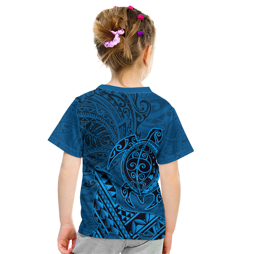 Hawaii Monk Seal and Dolphin Kid T Shirt Polynesian Kakau Pattern Blue
