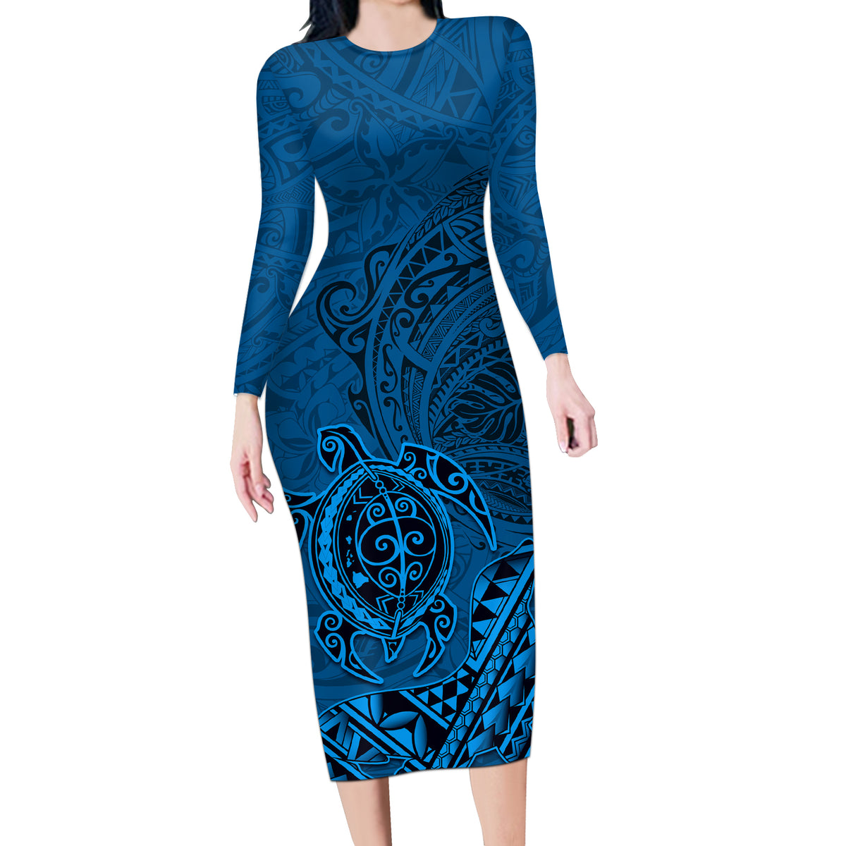 Hawaii Monk Seal and Dolphin Long Sleeve Bodycon Dress Polynesian Kakau Pattern Blue