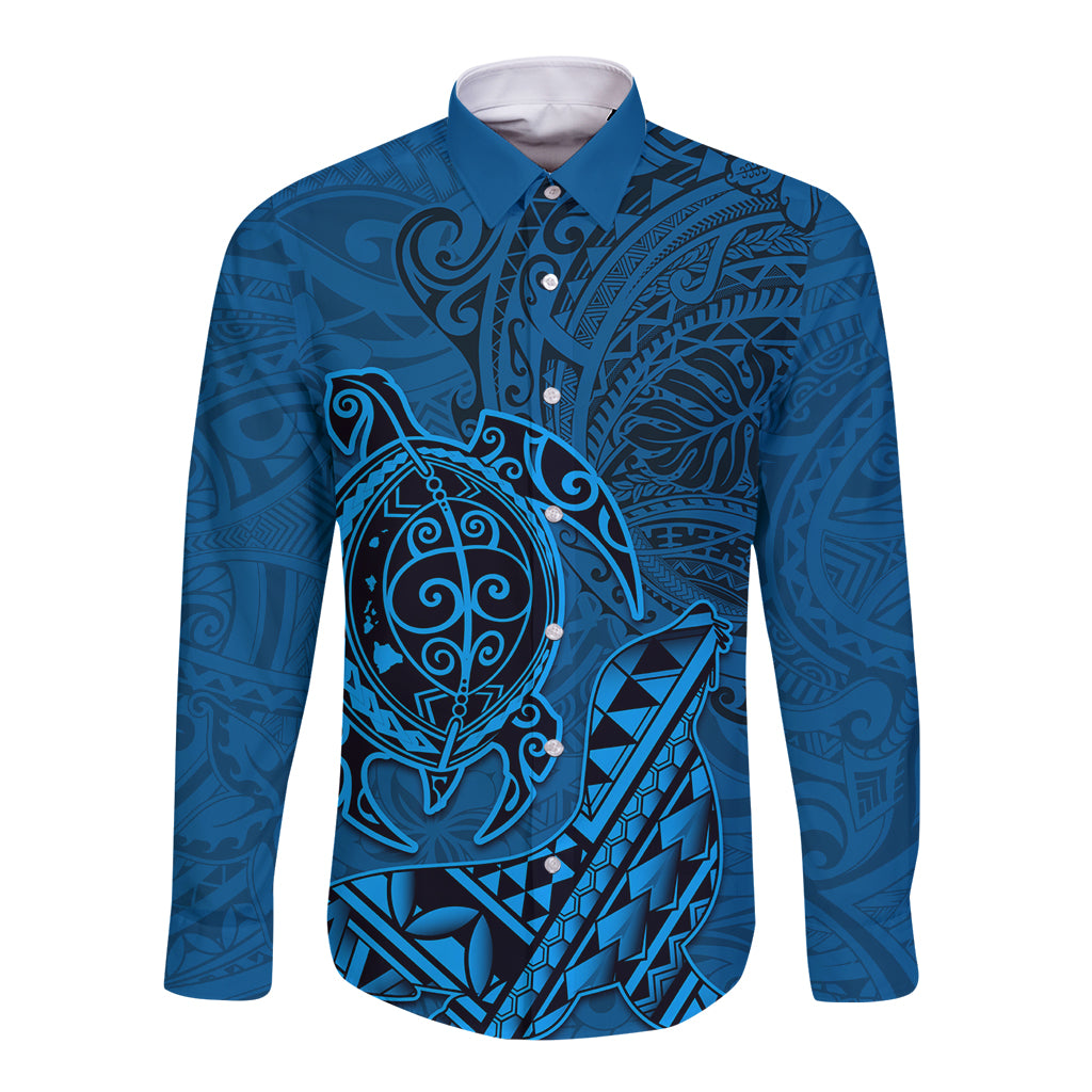 Hawaii Monk Seal and Dolphin Long Sleeve Button Shirt Polynesian Kakau Pattern Blue
