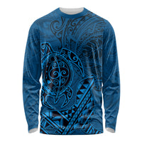 Hawaii Monk Seal and Dolphin Long Sleeve Shirt Polynesian Kakau Pattern Blue