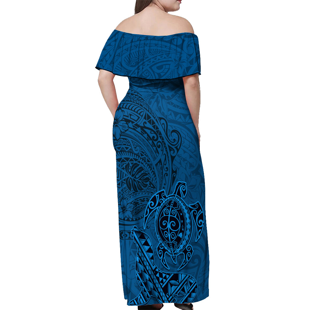 Hawaii Monk Seal and Dolphin Off Shoulder Maxi Dress Polynesian Kakau Pattern Blue
