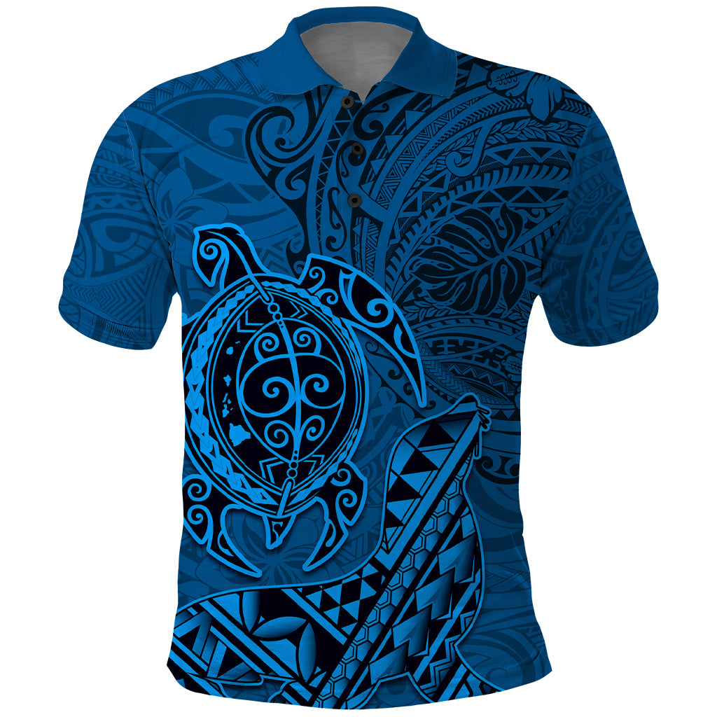 Hawaii Monk Seal and Dolphin Polo Shirt Polynesian Kakau Pattern Blue LT03 Blue - Polynesian Pride