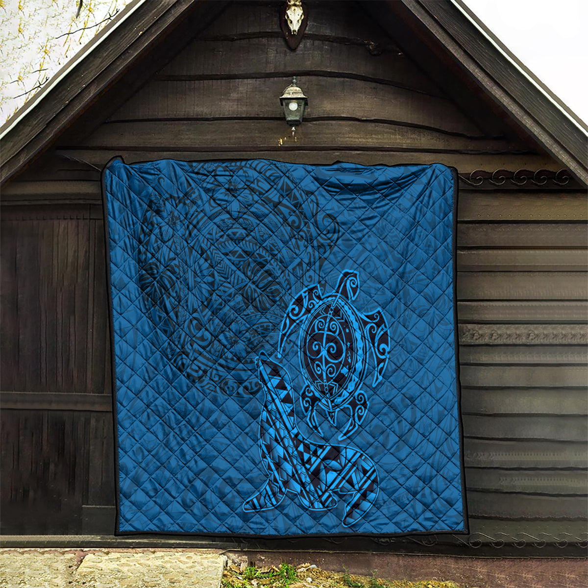 Hawaii Monk Seal and Dolphin Quilt Polynesian Kakau Pattern Blue