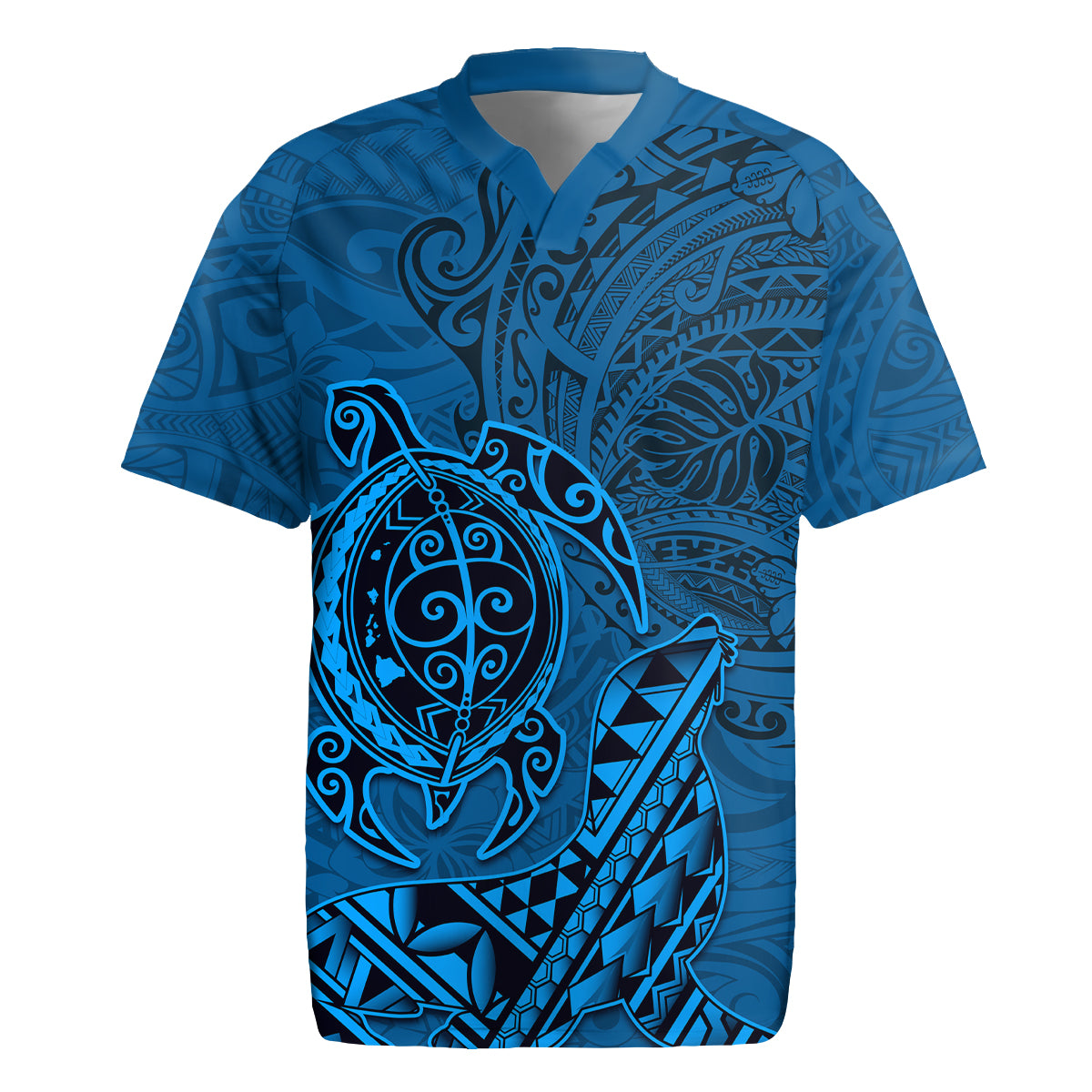 Hawaii Monk Seal and Dolphin Rugby Jersey Polynesian Kakau Pattern Blue