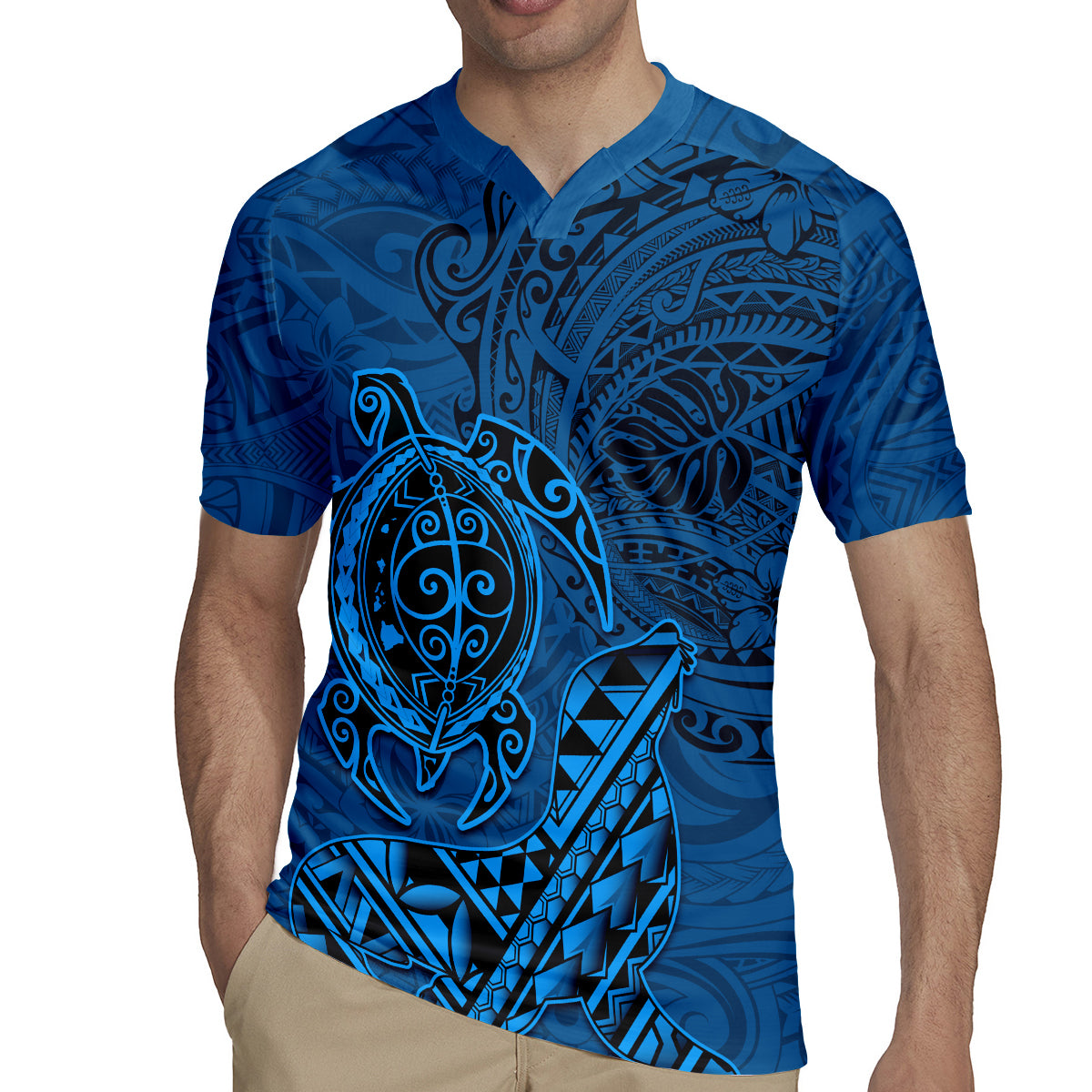 Hawaii Monk Seal and Dolphin Rugby Jersey Polynesian Kakau Pattern Blue