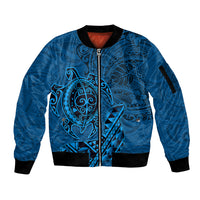 Hawaii Monk Seal and Dolphin Sleeve Zip Bomber Jacket Polynesian Kakau Pattern Blue