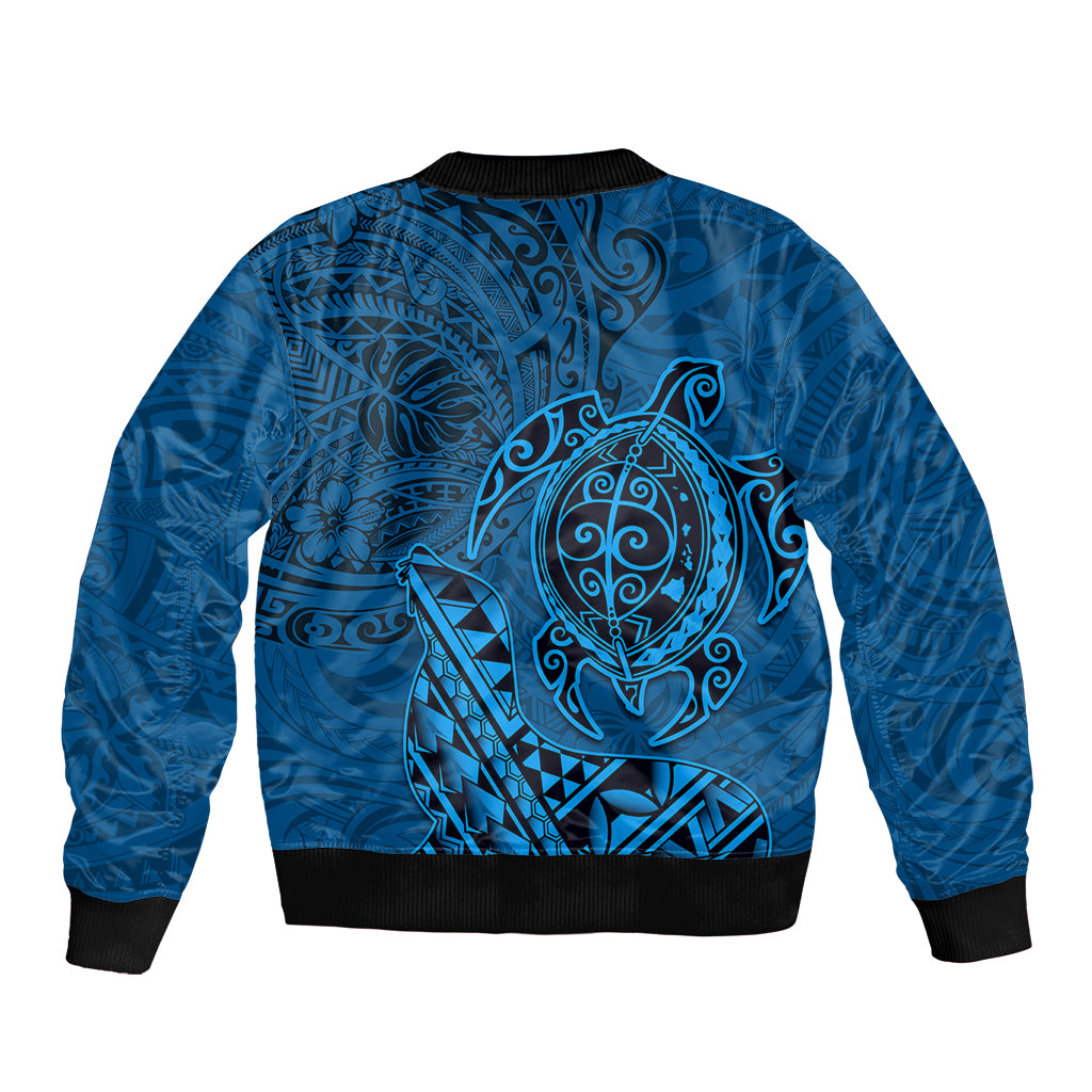 Hawaii Monk Seal and Dolphin Sleeve Zip Bomber Jacket Polynesian Kakau Pattern Blue