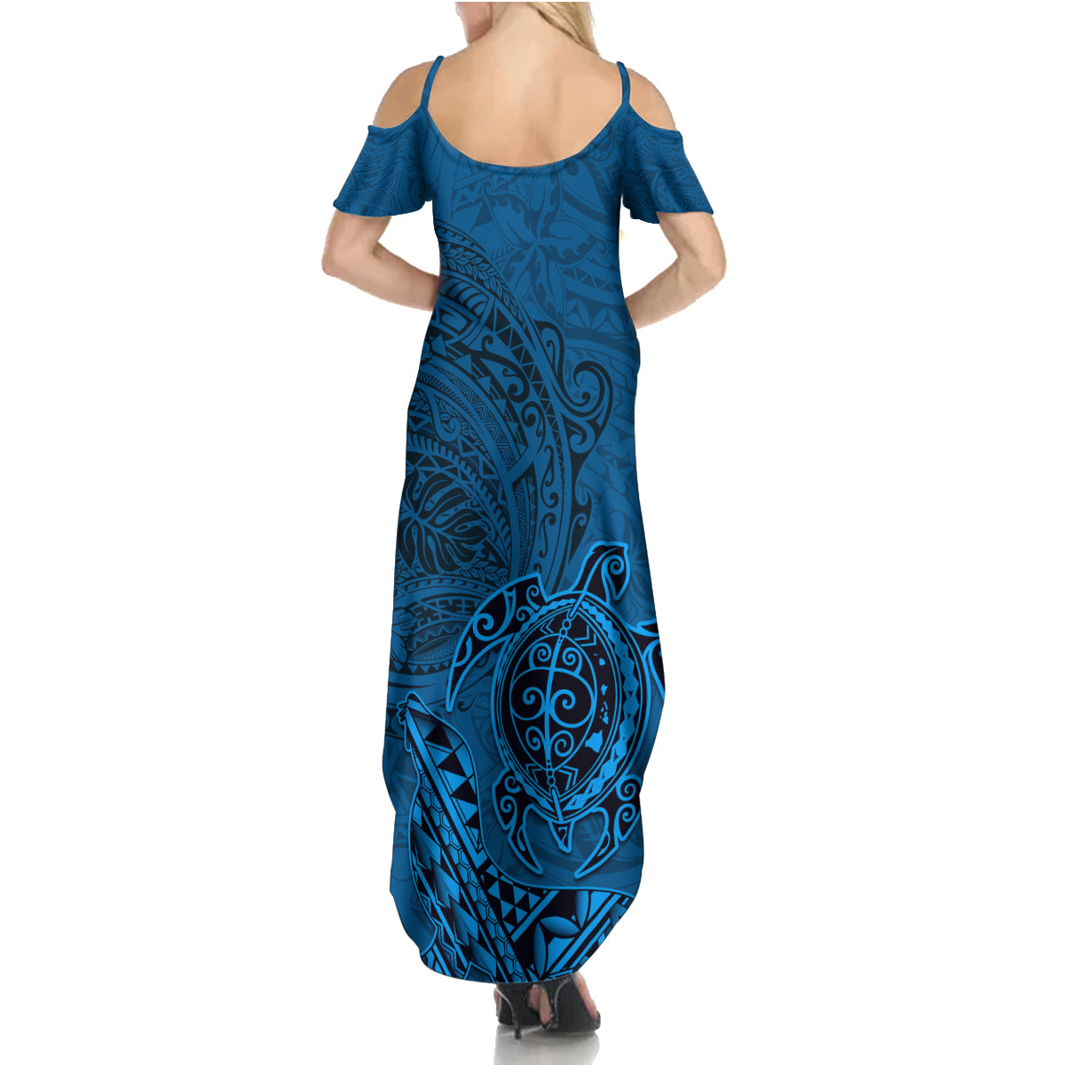 Hawaii Monk Seal and Dolphin Summer Maxi Dress Polynesian Kakau Pattern Blue