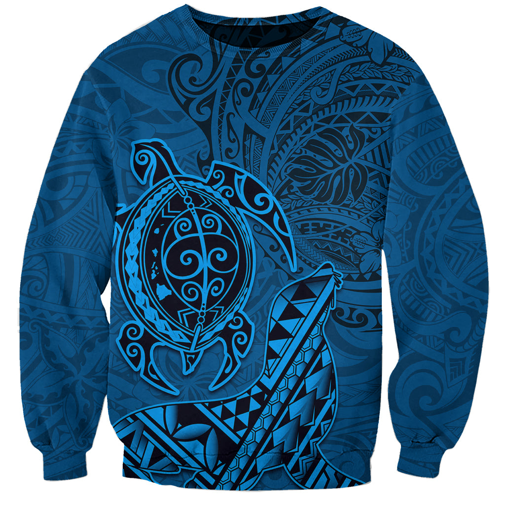 Hawaii Monk Seal and Dolphin Sweatshirt Polynesian Kakau Pattern Blue