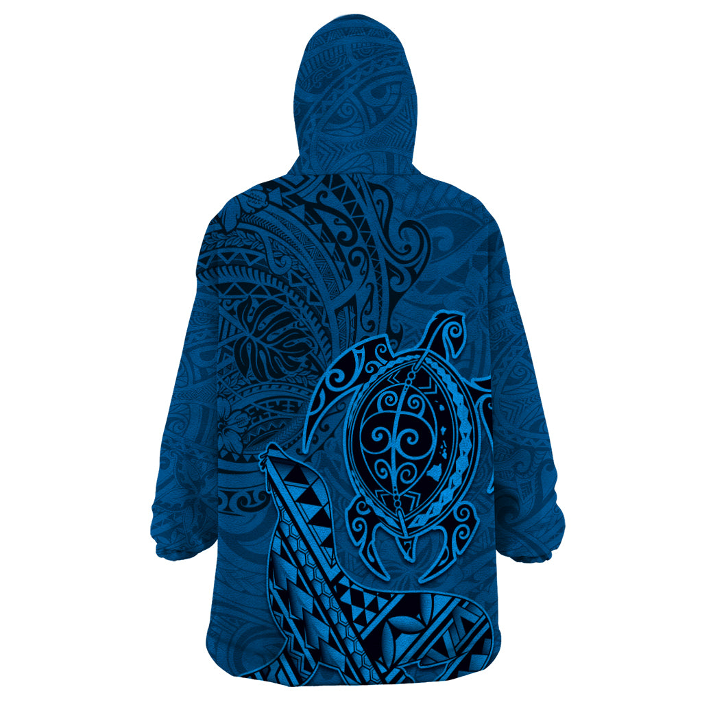 Hawaii Monk Seal and Dolphin Wearable Blanket Hoodie Polynesian Kakau Pattern Blue