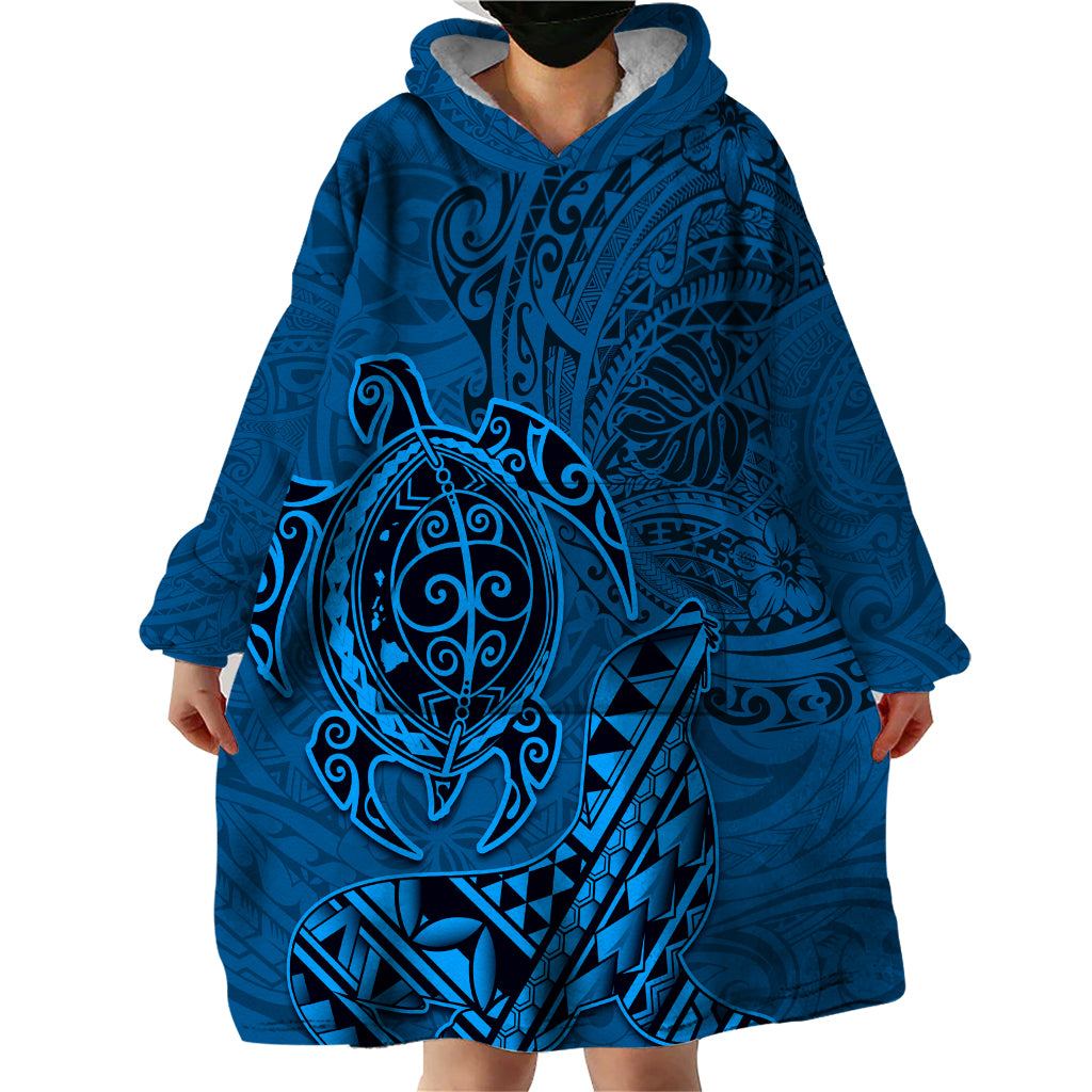 Hawaii Monk Seal and Dolphin Wearable Blanket Hoodie Polynesian Kakau Pattern Blue