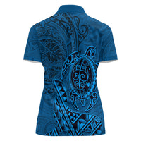 Hawaii Monk Seal and Dolphin Women Polo Shirt Polynesian Kakau Pattern Blue