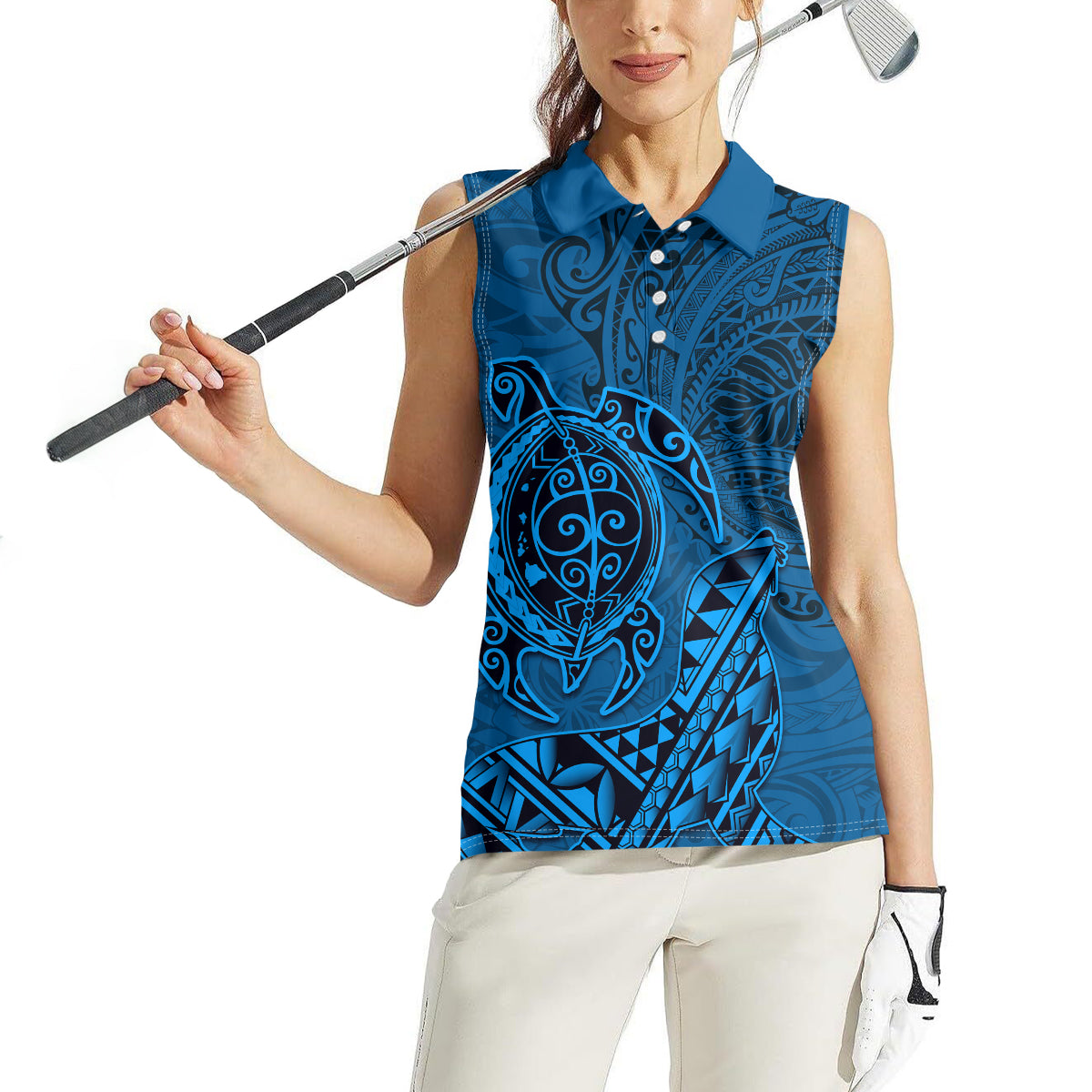 Hawaii Monk Seal and Dolphin Women Sleeveless Polo Shirt Polynesian Kakau Pattern Blue