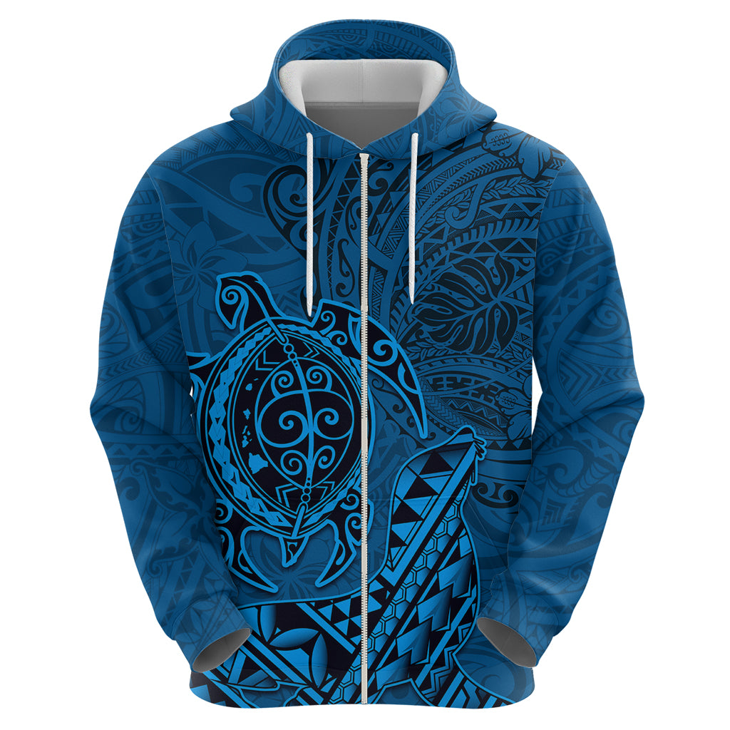 Hawaii Monk Seal and Dolphin Zip Hoodie Polynesian Kakau Pattern Blue