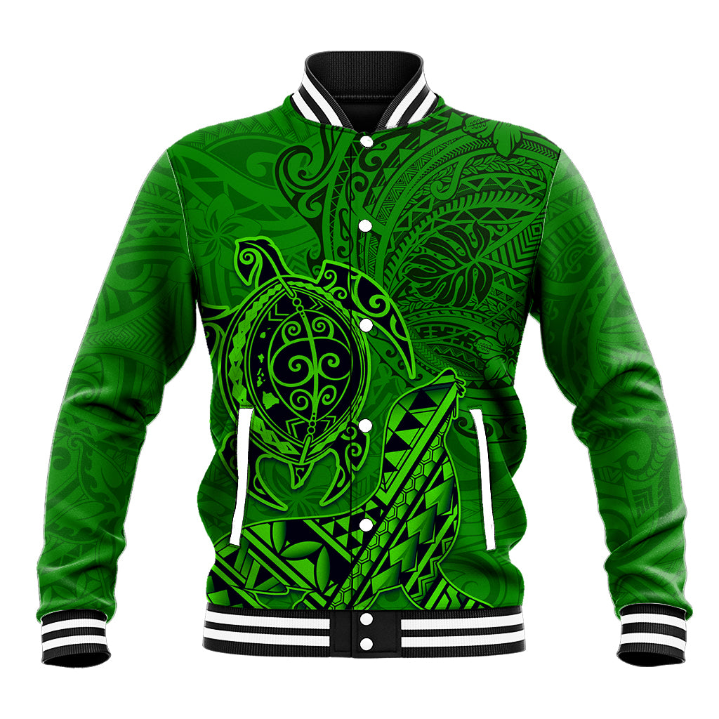 Hawaii Monk Seal and Dolphin Baseball Jacket Polynesian Kakau Pattern Green