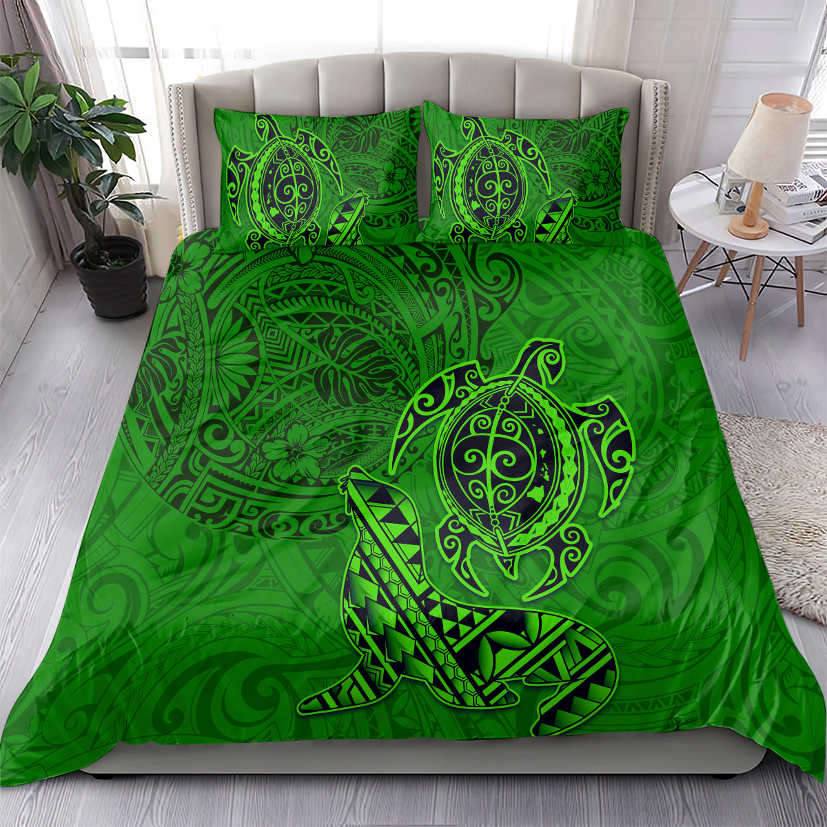 Hawaii Monk Seal and Dolphin Bedding Set Polynesian Kakau Pattern Green