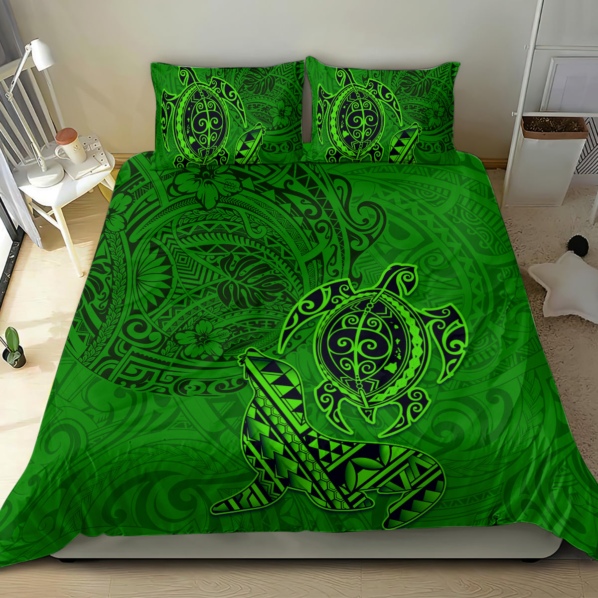 Hawaii Monk Seal and Dolphin Bedding Set Polynesian Kakau Pattern Green