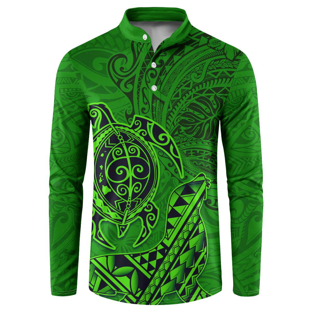 Hawaii Monk Seal and Dolphin Button Sweatshirt Polynesian Kakau Pattern Green