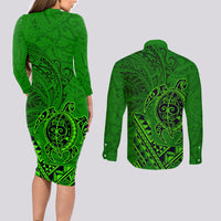 Hawaii Monk Seal and Dolphin Couples Matching Long Sleeve Bodycon Dress and Long Sleeve Button Shirt Polynesian Kakau Pattern Green
