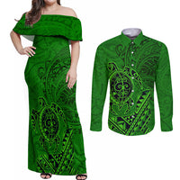 Hawaii Monk Seal and Dolphin Couples Matching Off Shoulder Maxi Dress and Long Sleeve Button Shirt Polynesian Kakau Pattern Green