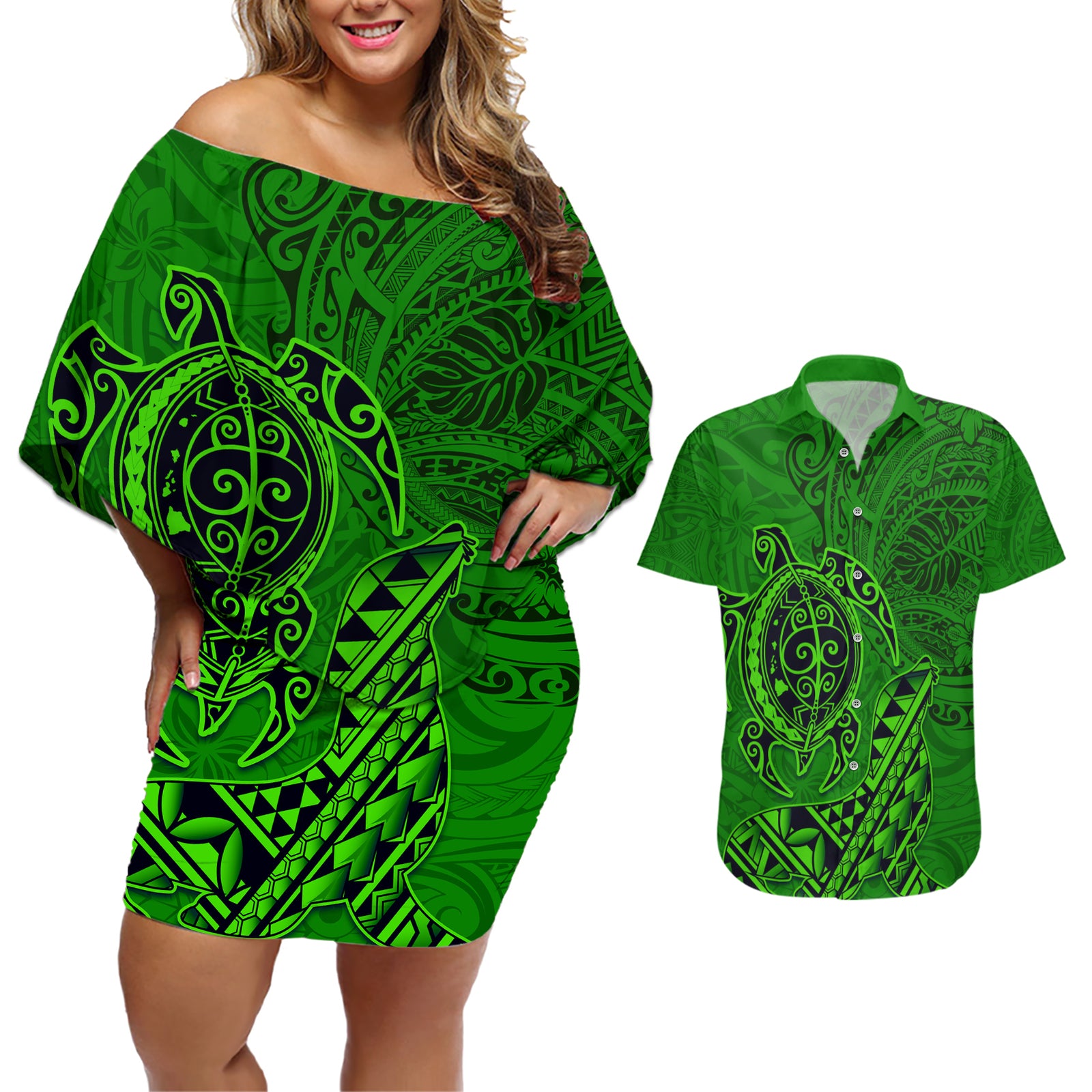 Hawaii Monk Seal and Dolphin Couples Matching Off Shoulder Short Dress and Hawaiian Shirt Polynesian Kakau Pattern Green