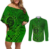 Hawaii Monk Seal and Dolphin Couples Matching Off Shoulder Short Dress and Long Sleeve Button Shirt Polynesian Kakau Pattern Green