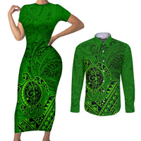 Hawaii Monk Seal and Dolphin Couples Matching Short Sleeve Bodycon Dress and Long Sleeve Button Shirt Polynesian Kakau Pattern Green