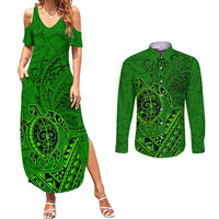 Hawaii Monk Seal and Dolphin Couples Matching Summer Maxi Dress and Long Sleeve Button Shirt Polynesian Kakau Pattern Green