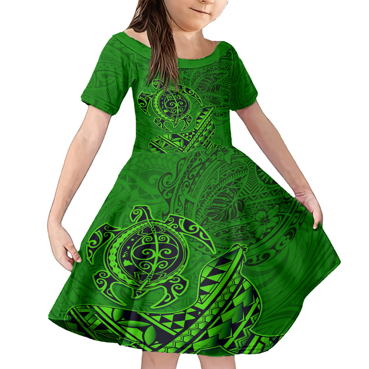 Hawaii Monk Seal and Dolphin Family Matching Long Sleeve Bodycon Dress and Hawaiian Shirt Polynesian Kakau Pattern Green LT03 Daughter's Dress Green - Polynesian Pride