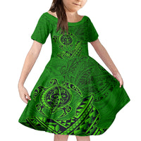 Hawaii Monk Seal and Dolphin Family Matching Long Sleeve Bodycon Dress and Hawaiian Shirt Polynesian Kakau Pattern Green LT03 Daughter's Dress Green - Polynesian Pride